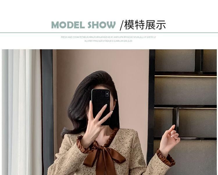 Long-Sleeve Ribbon Neck Tweed Mini A-Line Pleated Dress Product Image