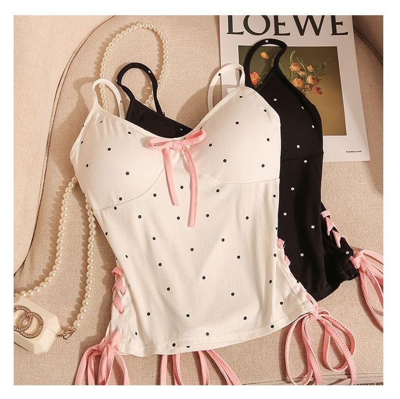 Scoop Neck Polka Dot Lace Up Crop Cami Top Product Image