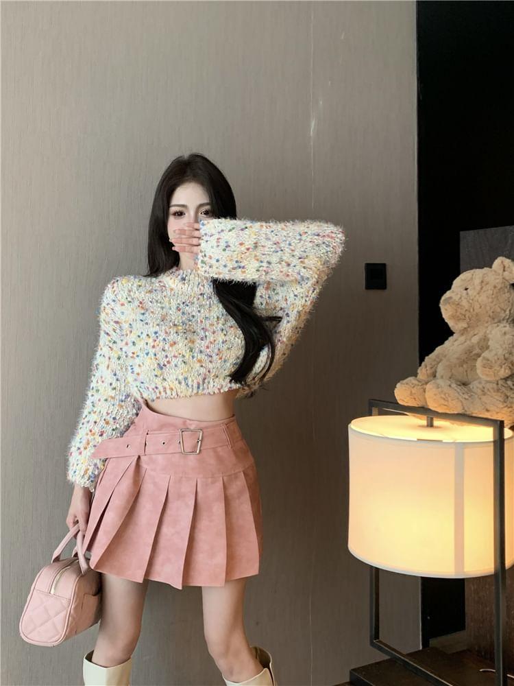 Mock Neck Dotted Cropped Sweater / High Rise Washed Pleated Mini A-Line Skirt Product Image