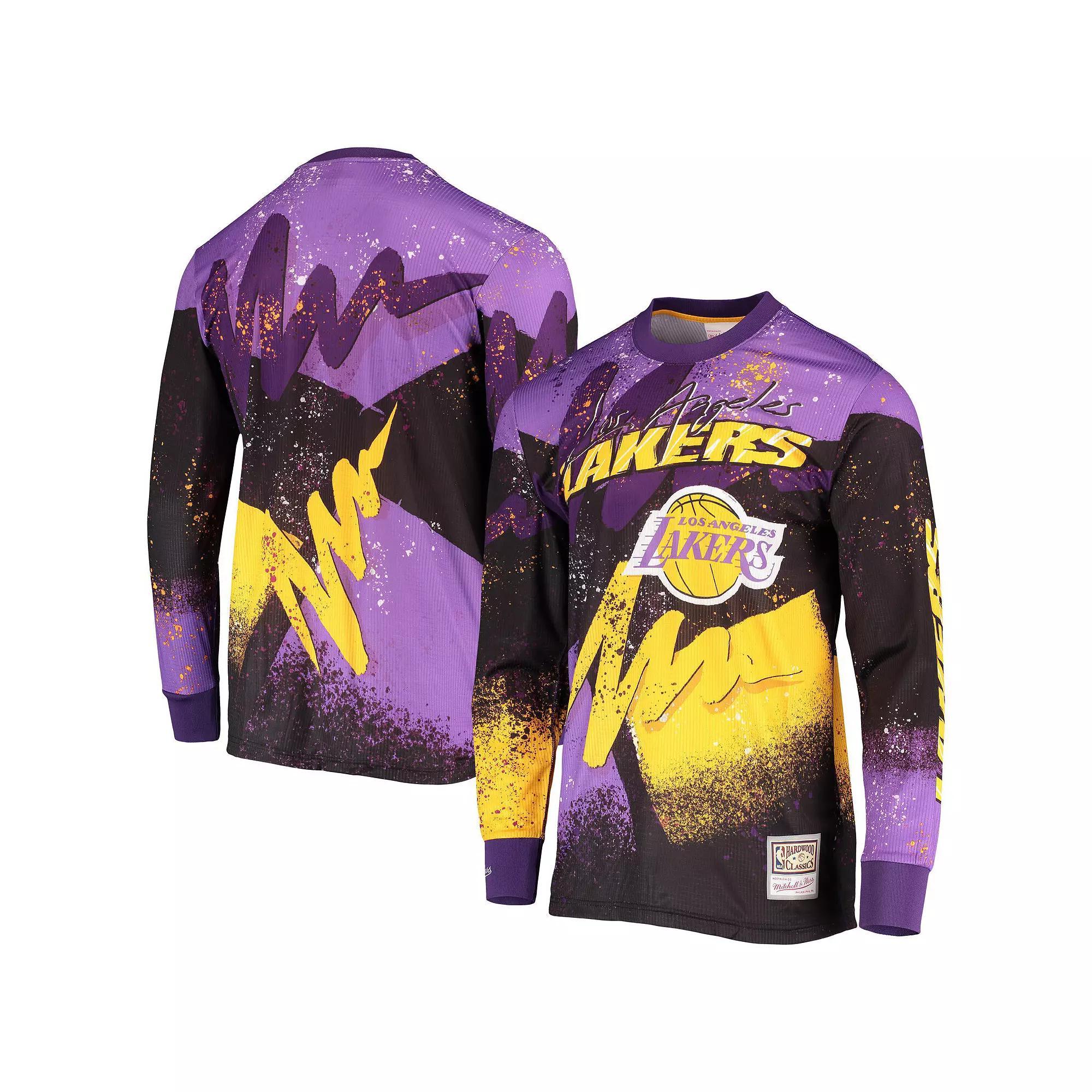 Men's Mitchell & Ness Purple Los Angeles Lakers Hardwood Classics Hyper Hoops Moto Sublimated Long Sleeve T-Shirt, Size: XL Product Image