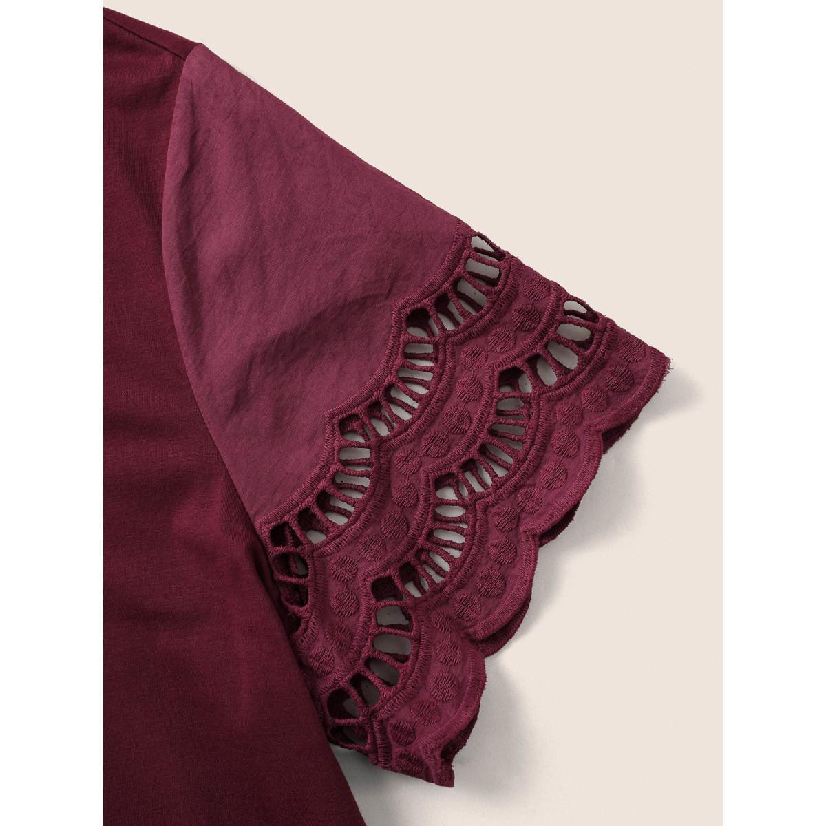 Plus Size Patchwork Broderie Anglaise Scalloped Trim T-shirt Burgundy Women Elegant Non Plain Round Neck Everyday T-shirts BloomChic 12/L Product Image