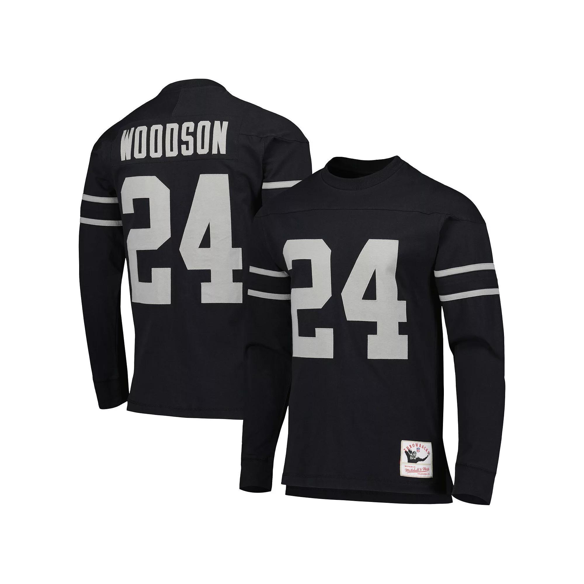 Men's Mitchell & Ness Charles Woodson Black Oakland Raiders Retired Player Name & Number Long Sleeve Top, Size: Small Product Image