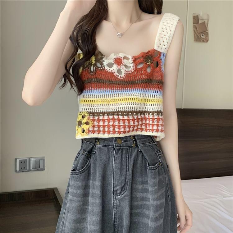 Striped Flower Embroidered Crochet Knit Crop Tank Top Product Image