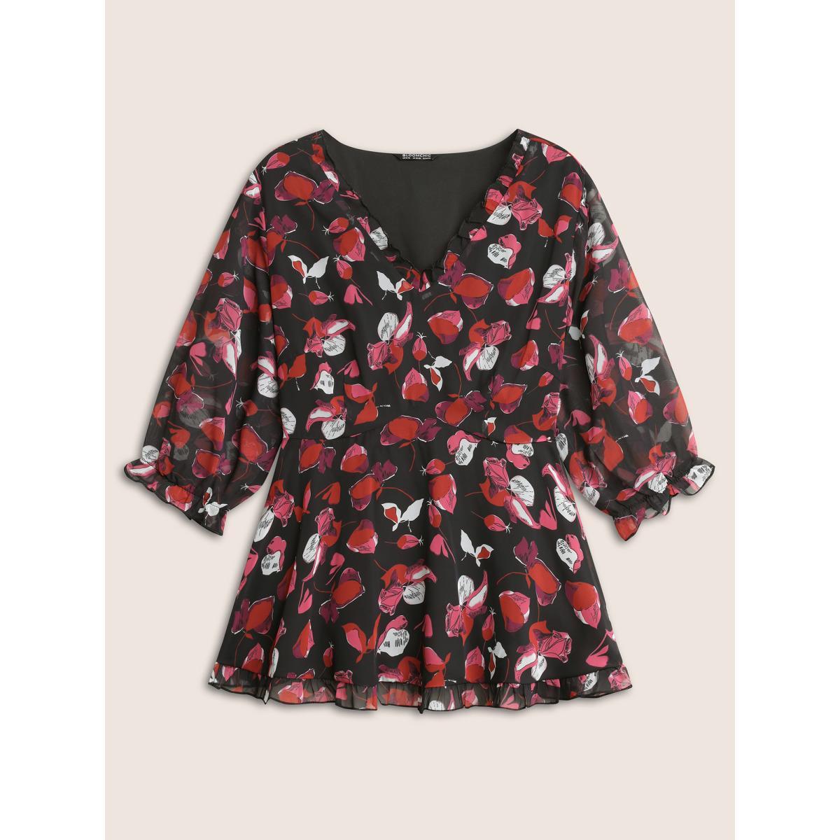 Plus Size Black Floral Mesh Patchwork Ruffle Trim Blouse Women Cocktail Elbow-length sleeve V-neck Party Blouses BloomChic 12/L Product Image