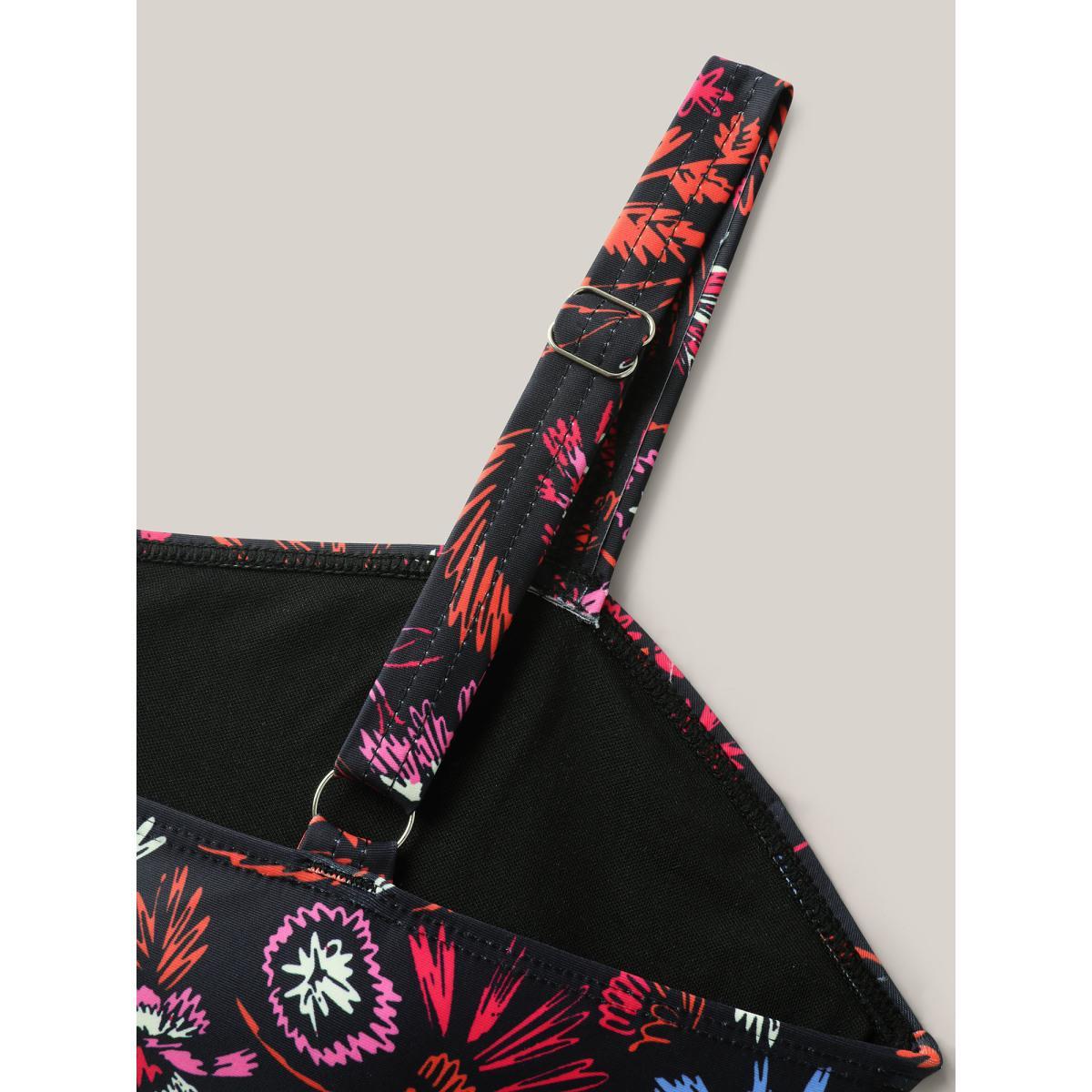 Plus Size Floral Print Twist Front Swim Top Women's Swimwear Black Beach Twist High stretch Skinny Heart neckline Curve Swim Tops BloomChic 12/L Product Image