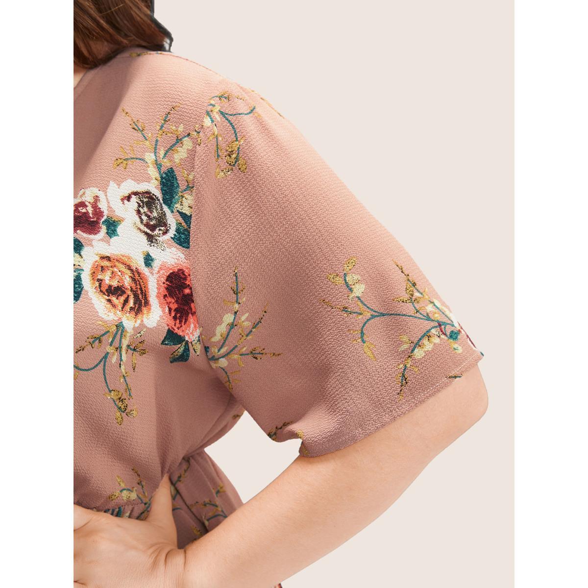Floral Wrap Smocked Plus Size Women Casual Blouses Dailywear Ruffle Sleeve Short Sleeve V Neck Elegance Blouses BloomChic Product Image