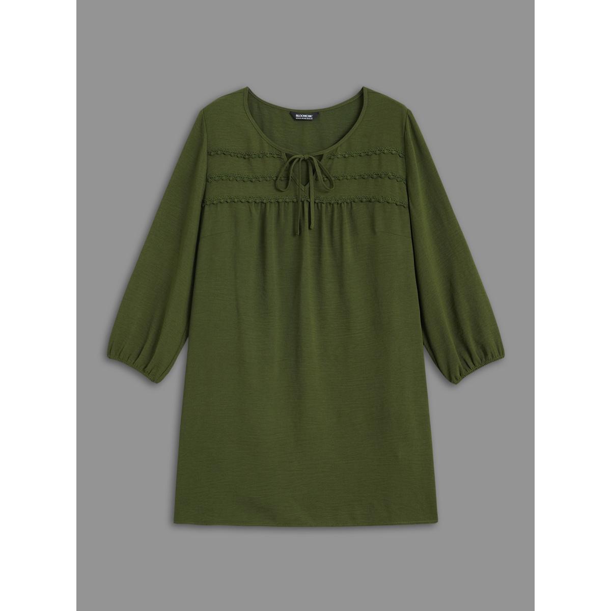 Plus Size ArmyGreen Woven Ribbon Tie Knot Gathered Blouse Women Elegant Elbow-length sleeve V-neck Everyday Blouses BloomChic 12/L Product Image