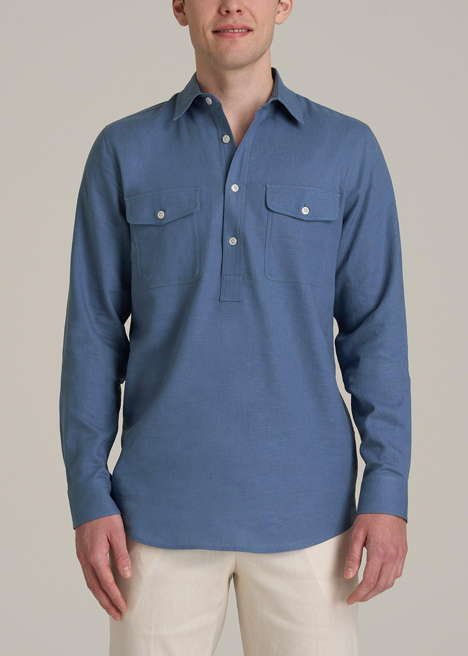 Linen Popover Shirt for Tall Men in Deep Cobalt Male Product Image