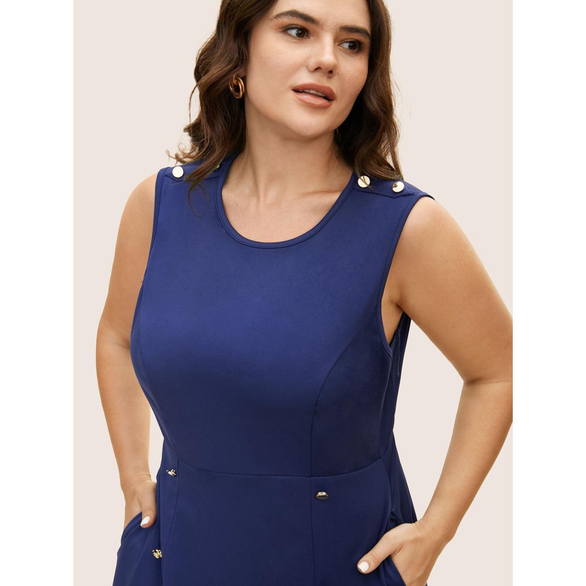 Plus Size Plain Metal Detail Pleated Tank Dress Navy Women At the Office Button Round Neck Sleeveless Curvy BloomChic 28/5X Product Image