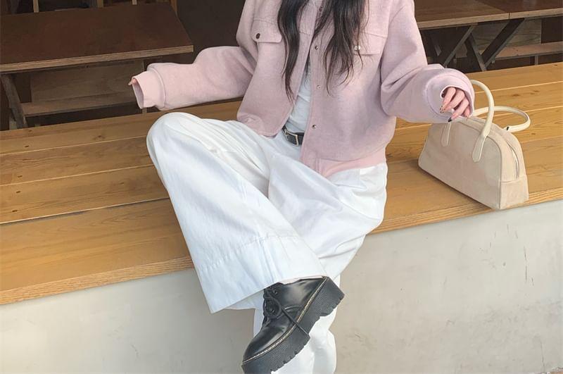 Plain Button Bomber Jacket / Long-Sleeve Crew Neck T-Shirt / Mid Rise Wide Leg Pants Product Image