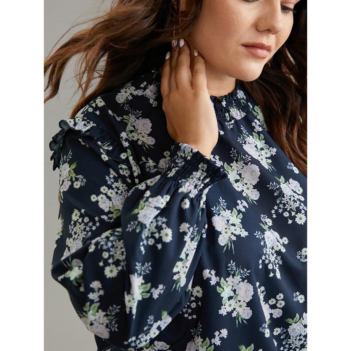 Plus Size Indigo Ruffle Trim Floral Print Shirred Blouse Women Elegant Long Sleeve Mock Neck Work Blouses BloomChic 12/L Product Image