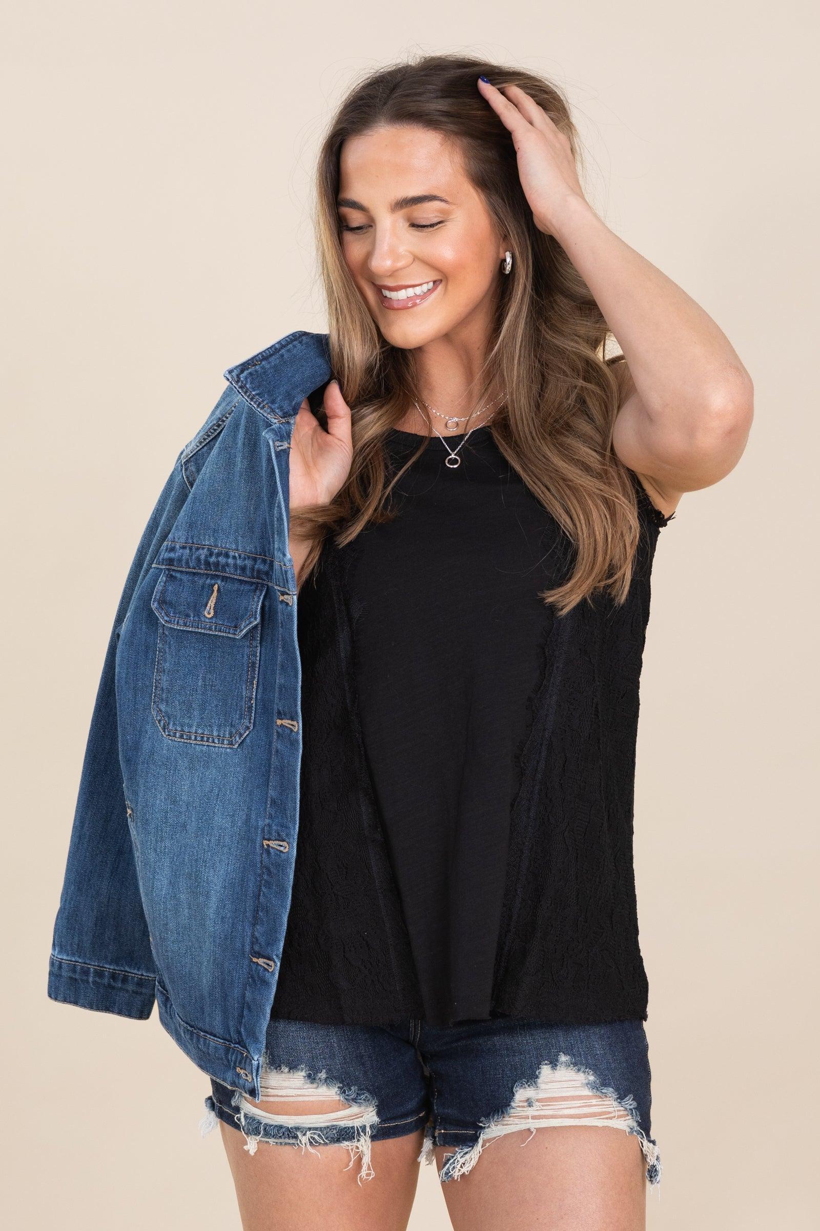 Black Vintage Knit Lacey Sleeveless Top Product Image