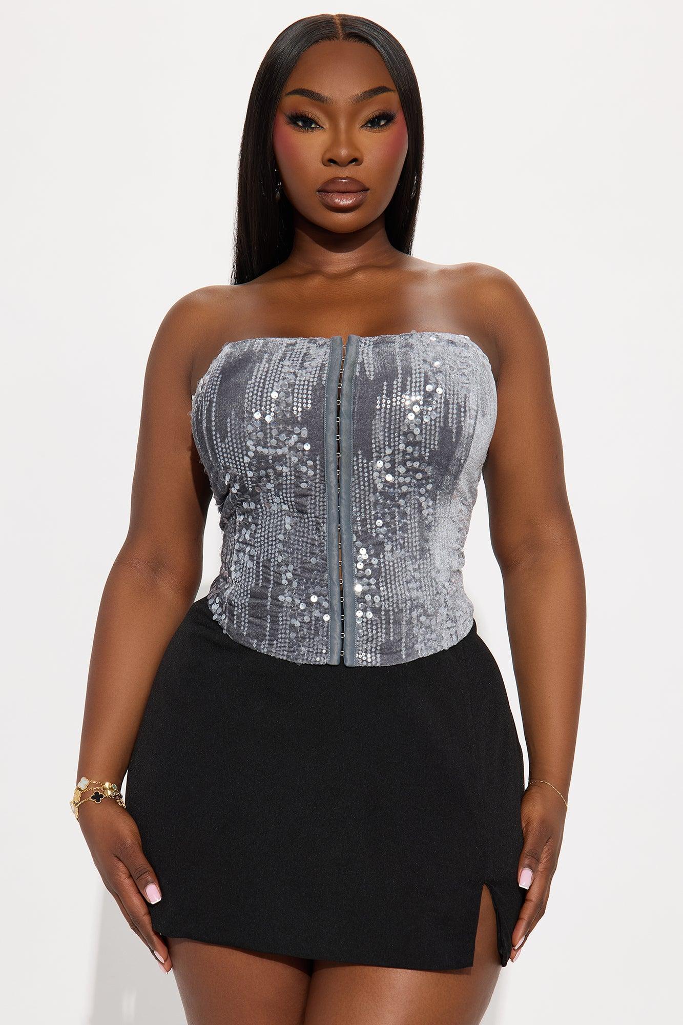A Splash Of Wild Velvet Sequin Corset Top - Grey Product Image