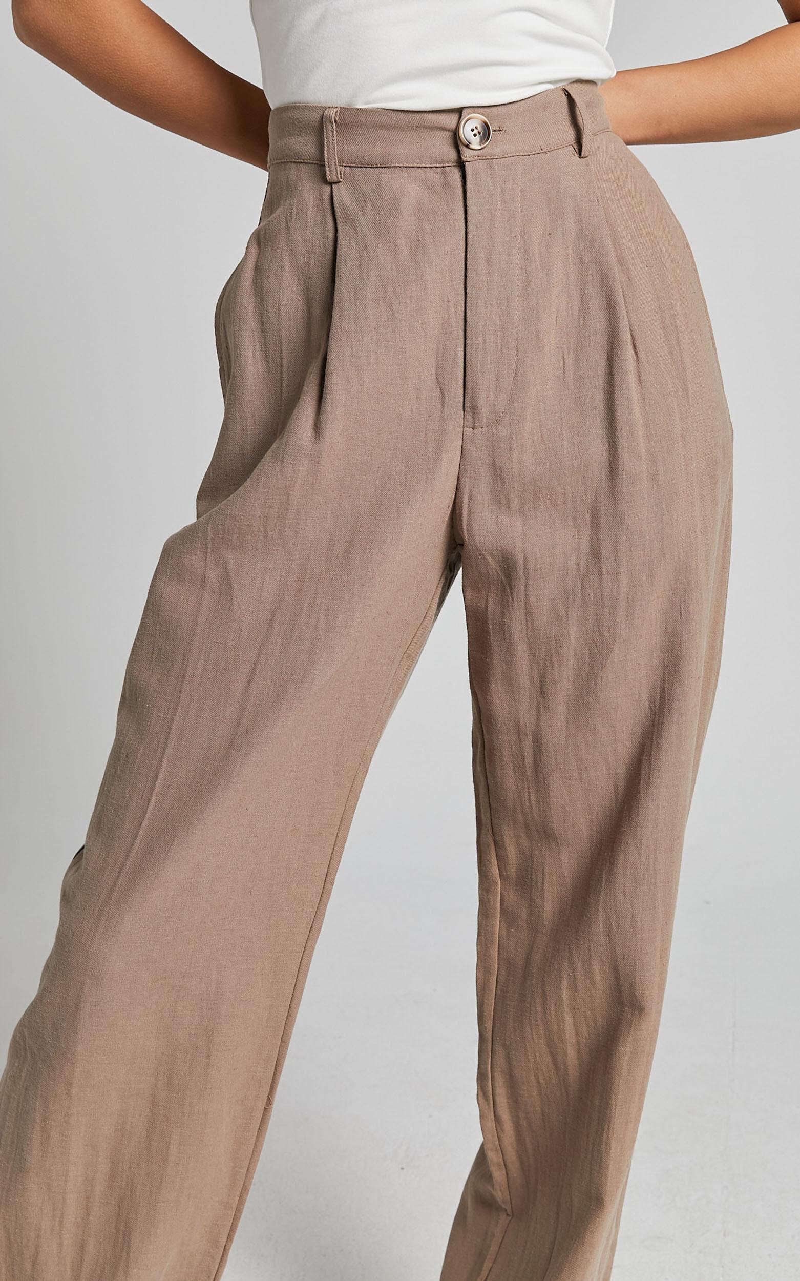 Larissa Trousers - Linen Mid Waisted Relaxed Straight Leg Trousers in Mushroom Product Image