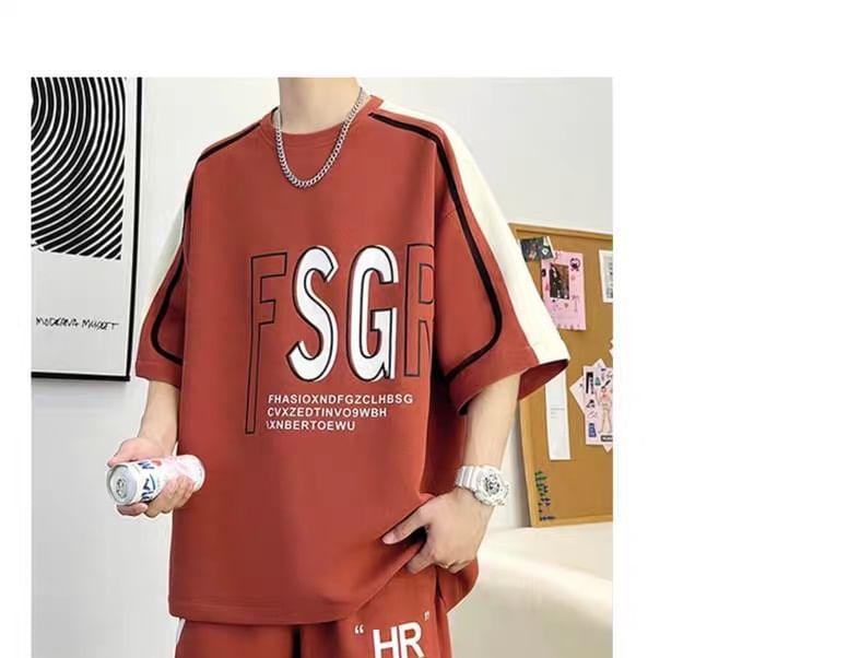 Set: 3/4-Sleeve Crew Neck Lettering Print T-Shirt + Drawstring Waist Wide Leg Sweat Shorts Product Image