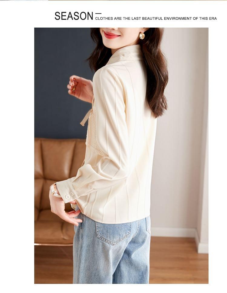 Long-Sleeve Collared Mock Two-Piece Asymmetrical Perforated Panel Button-Up Blouse Product Image