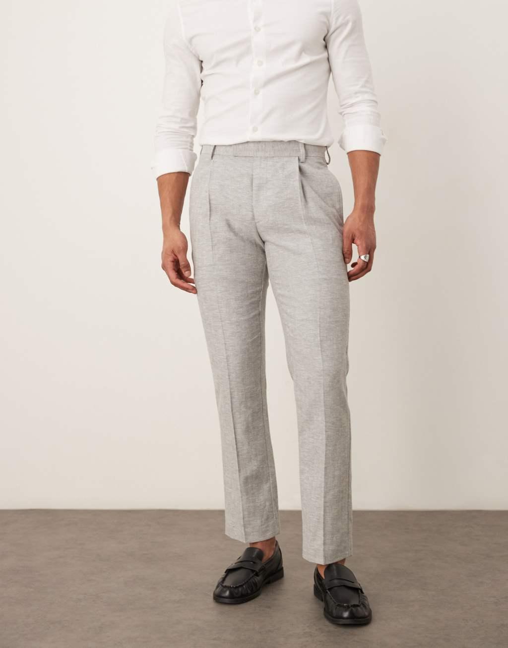 ASOS DESIGN linen cotton blend slim suit pants in gray herringbone Product Image