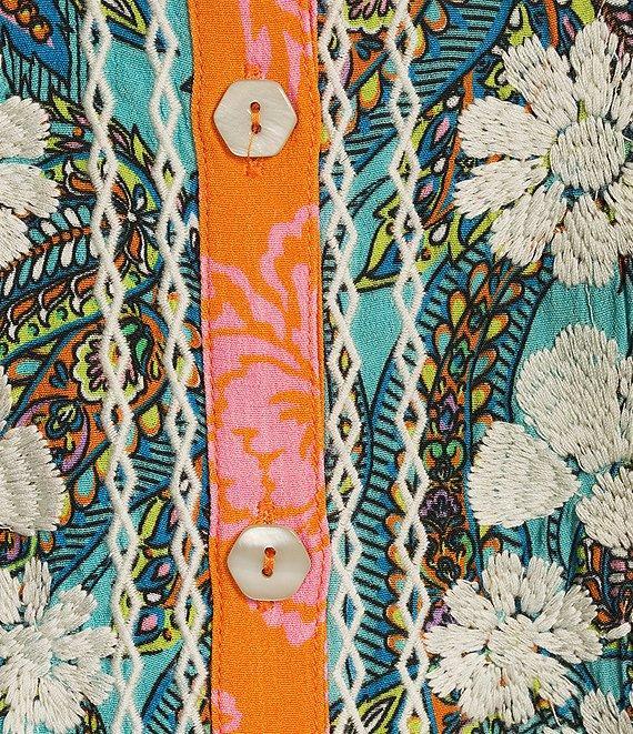 John Mark Multi Print Point Collar Long Roll-Tab Sleeve Button Front Top Product Image