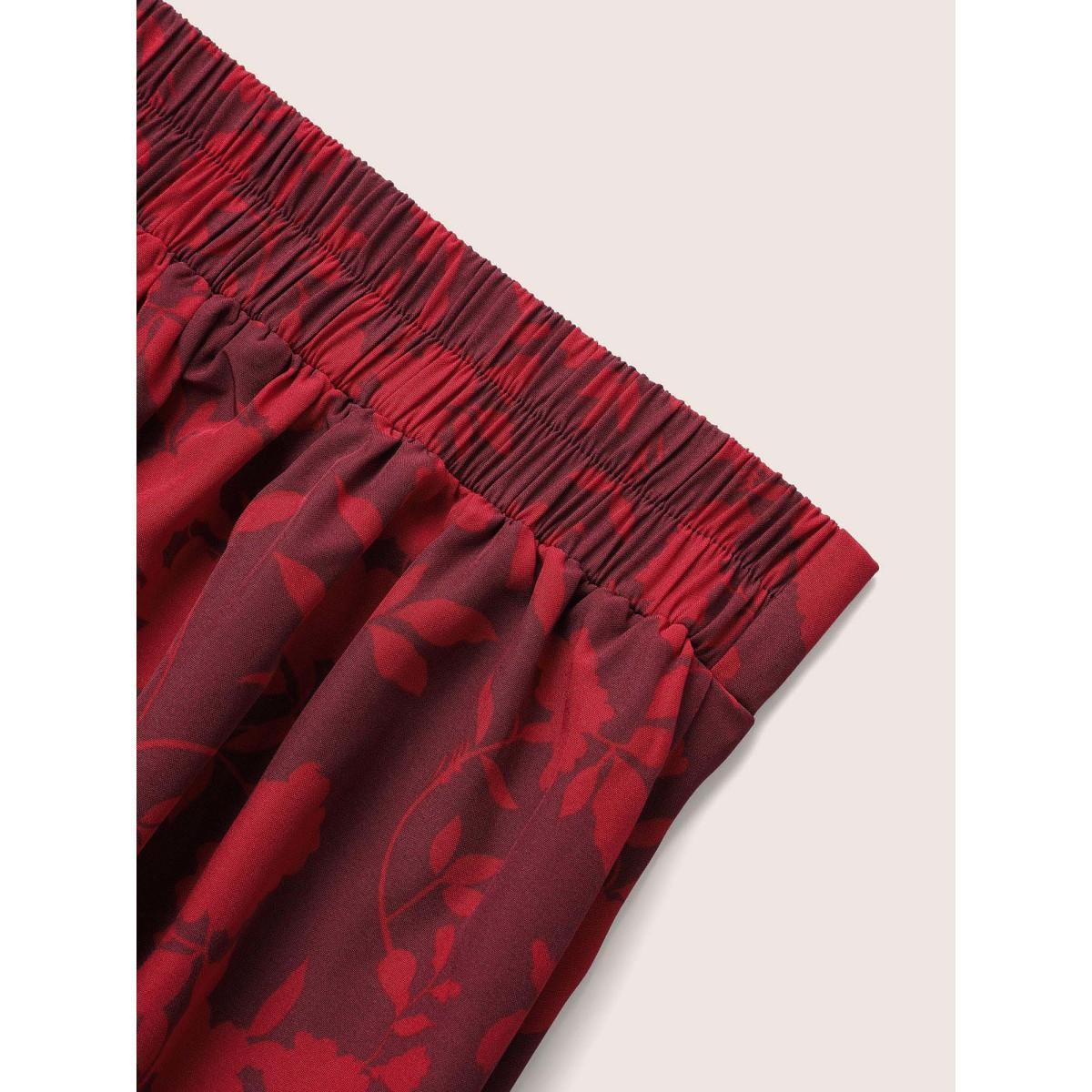 Plus Size Silhouette Floral Print Elastic Waist Pocket Cropped Skirt Women Burgundy Elegant Non No stretch Slanted pocket Everyday Skirts BloomChic 12/L Product Image