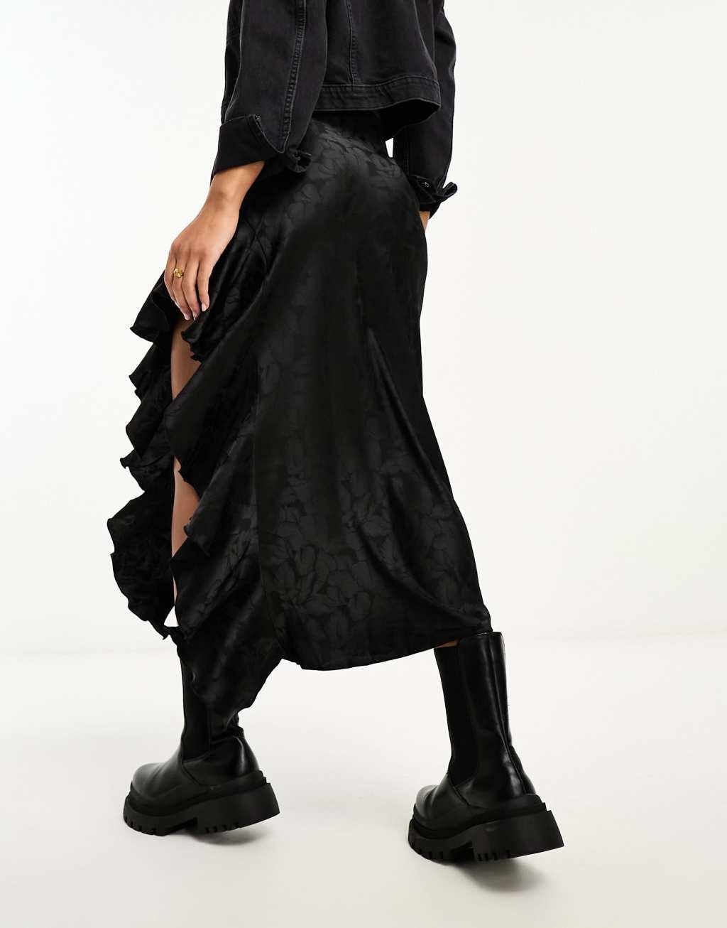 Miss Selfridge satin jacquard asymmetric ruffle maxi skirt Product Image