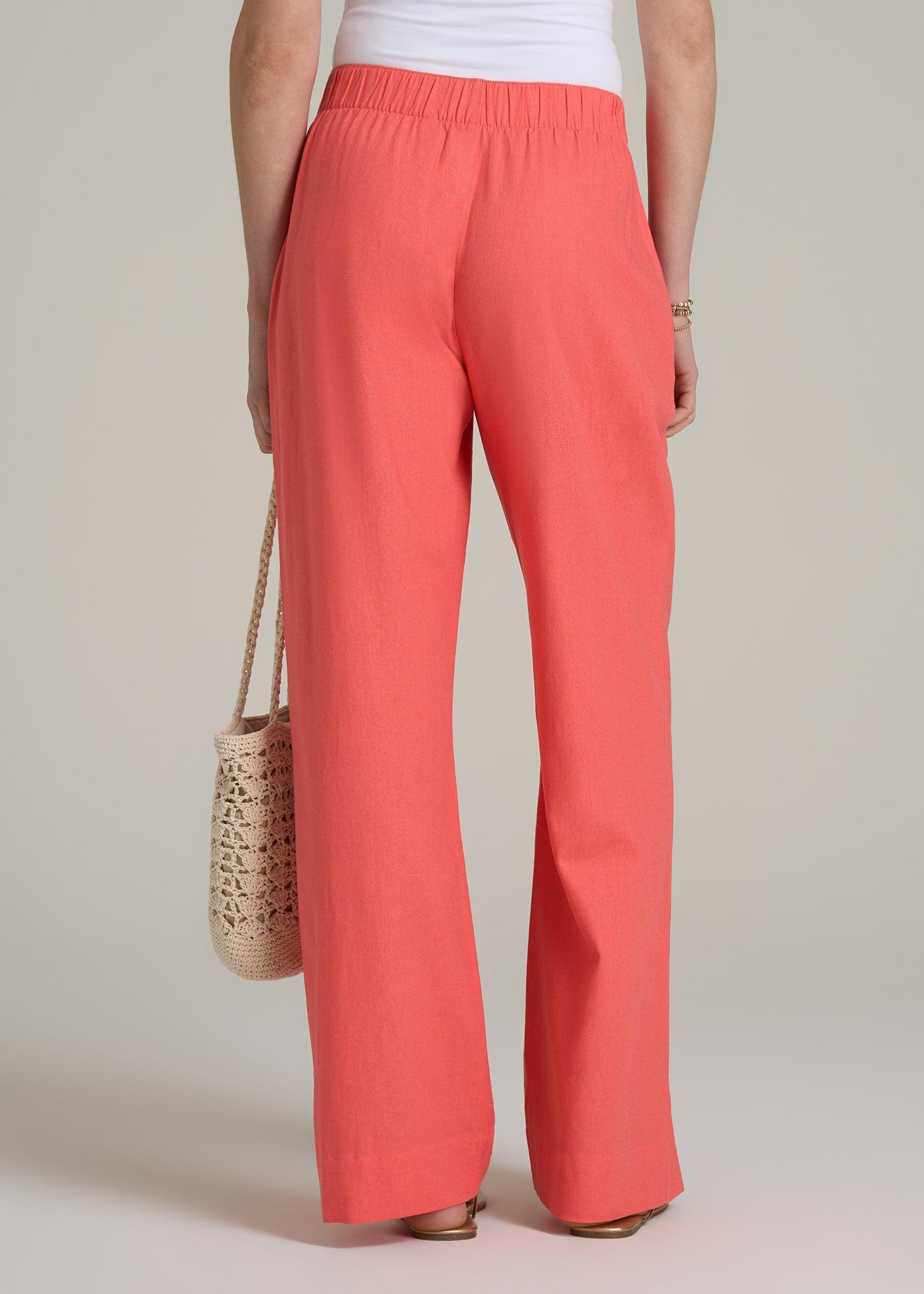 Pull On Wide Leg Linen Pants for Tall Women in Sunset Coral Product Image