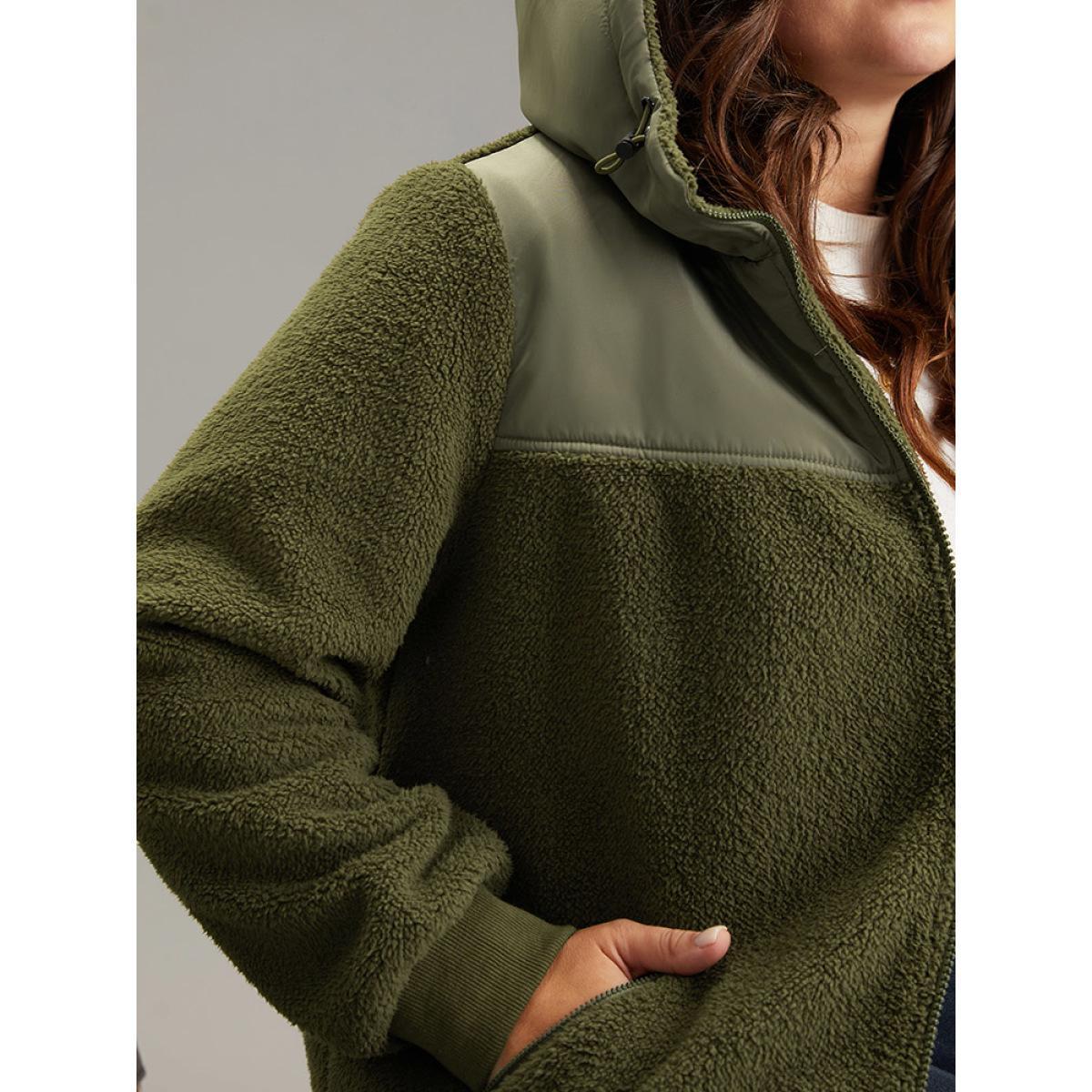 Plus Size Patchwork Zipper Rib Knit Hooded Teddy Jacket Women ArmyGreen Rib Knit Pocket Dailywear Jackets BloomChic 18-20/2X Product Image