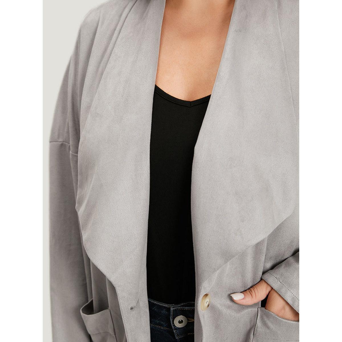 Plus Size Solid Lapel Collar Patched Pocket Faux Suede Coat Women DarkGray Casual Plain Ladies Dailywear Winter Coats BloomChic 26/4X Product Image