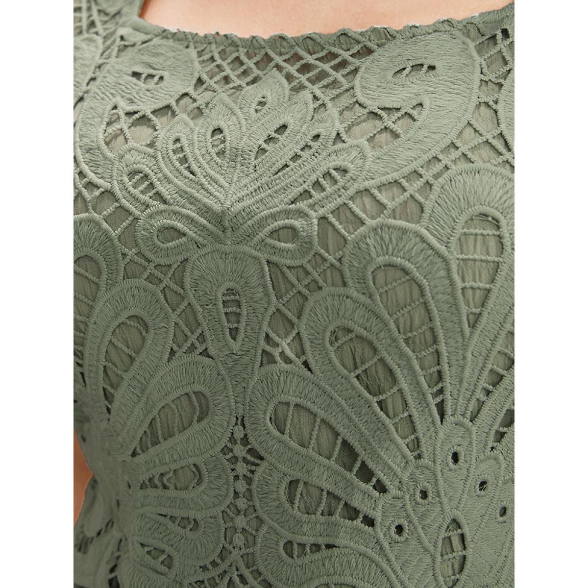 Plus Size Solid Square Neck Pocket Lace Ruffles Hem Dress Mint Women Elegant Elastic Waist Square Neck Short sleeve Curvy Midi Dress BloomChic 18-20/2X Product Image