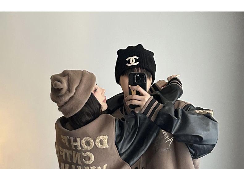 Couple Matching Letter Embroidered Faux Leather Panel Single-Breasted Baseball Jacket Product Image