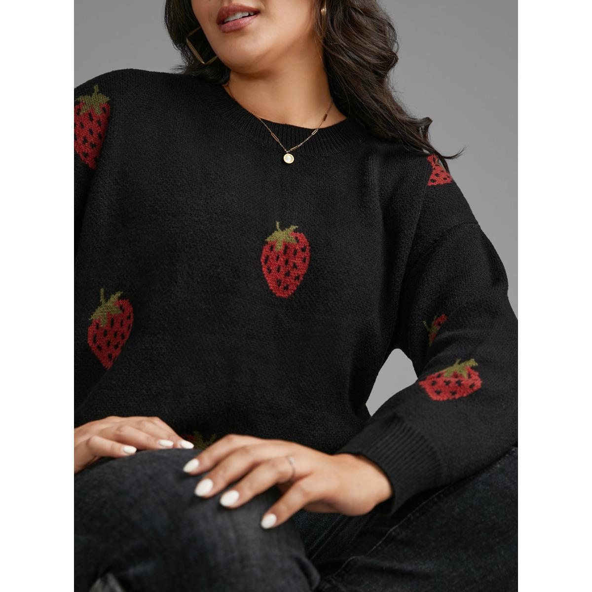 Plus Size Strawberry Jacquard Drop Shoulder Sleeve Pullover Black Women Casual Loose Long Sleeve Round Neck Everyday Pullovers BloomChic 28/5X Product Image