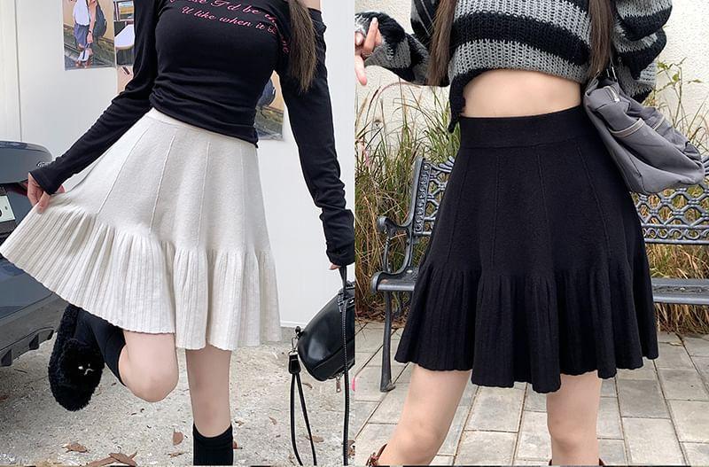 High Waist Plain Mini A-Line Knit Skirt Product Image