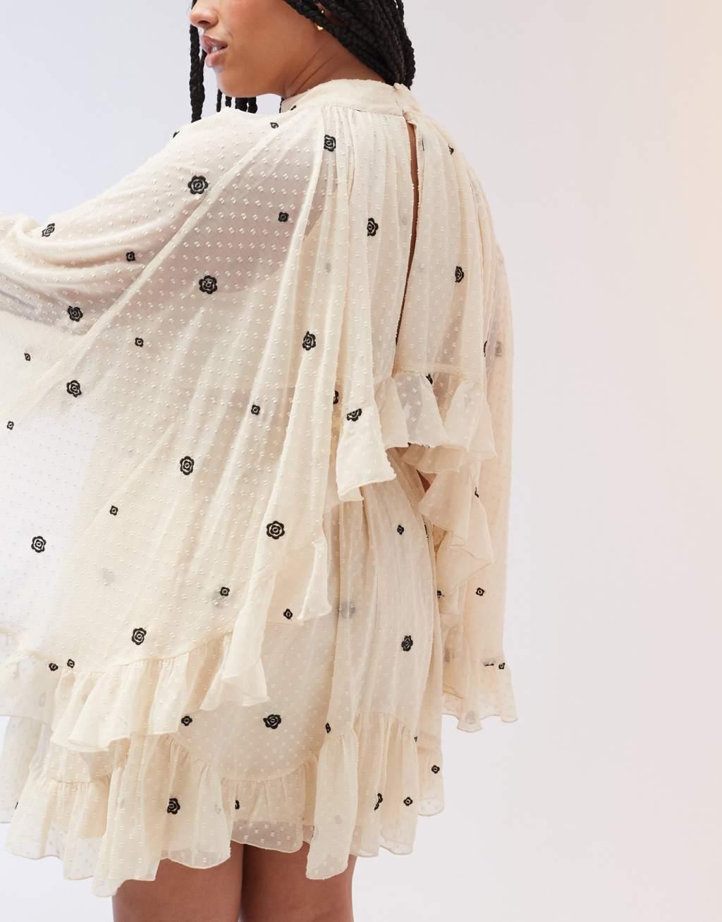 ASOS DESIGN Curve embroidered textured cape overlay mini dress in cream Product Image