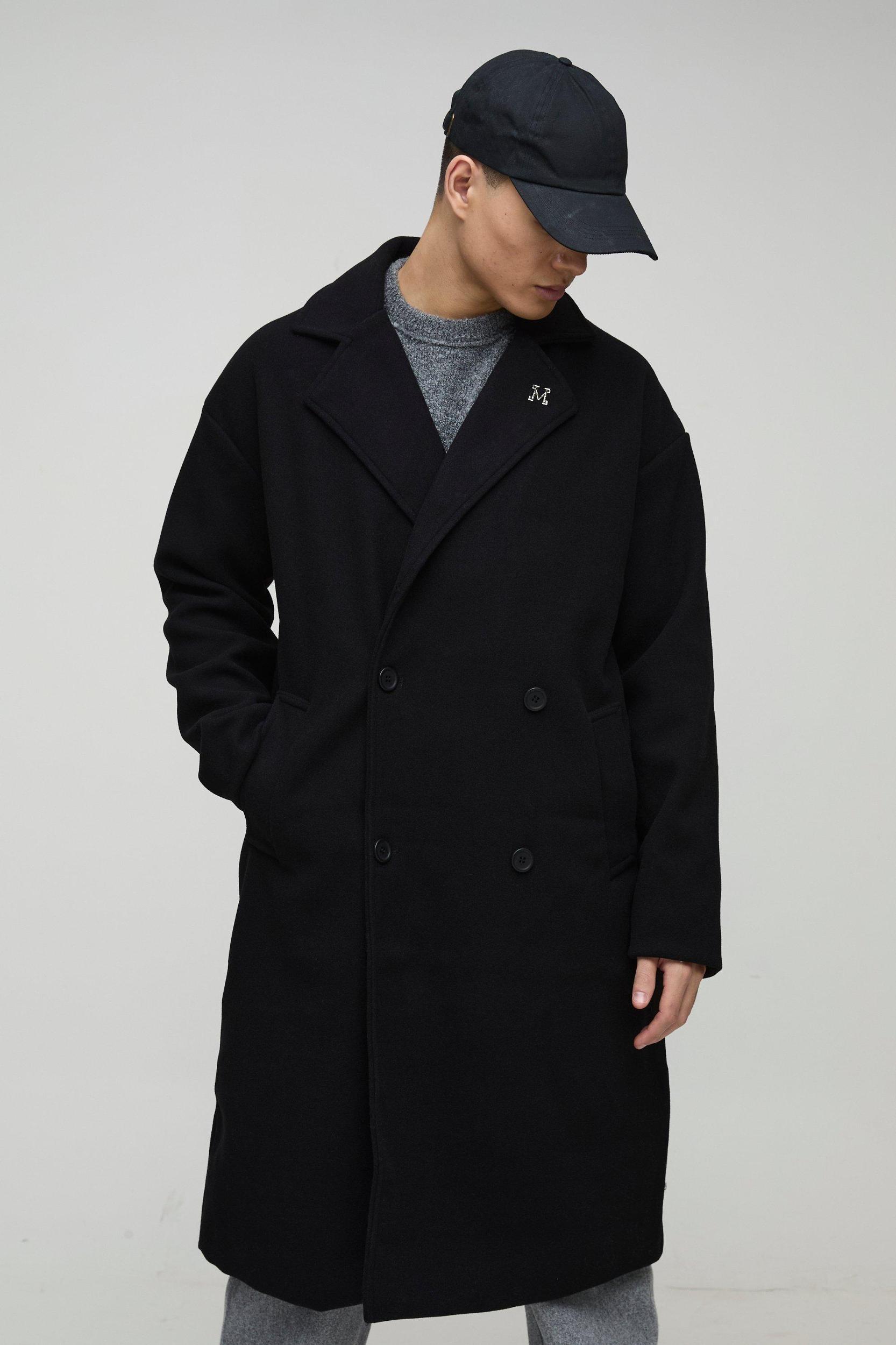 Mens Oversized Drop Shoulder Double Breasted Overcoat In Black Product Image
