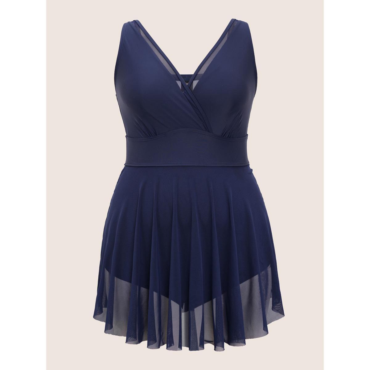 Plus Size Overlap Collar Mesh Patchwork Flutter Hem Swim Dress Women's Swimwear Indigo Beach Skinny V-neck High stretch Curve Swim Dresses BloomChic 12/L Product Image
