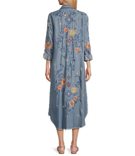 John Mark Floral Embroidered Roll Tab Sleeve Button Up Midi Dress Product Image