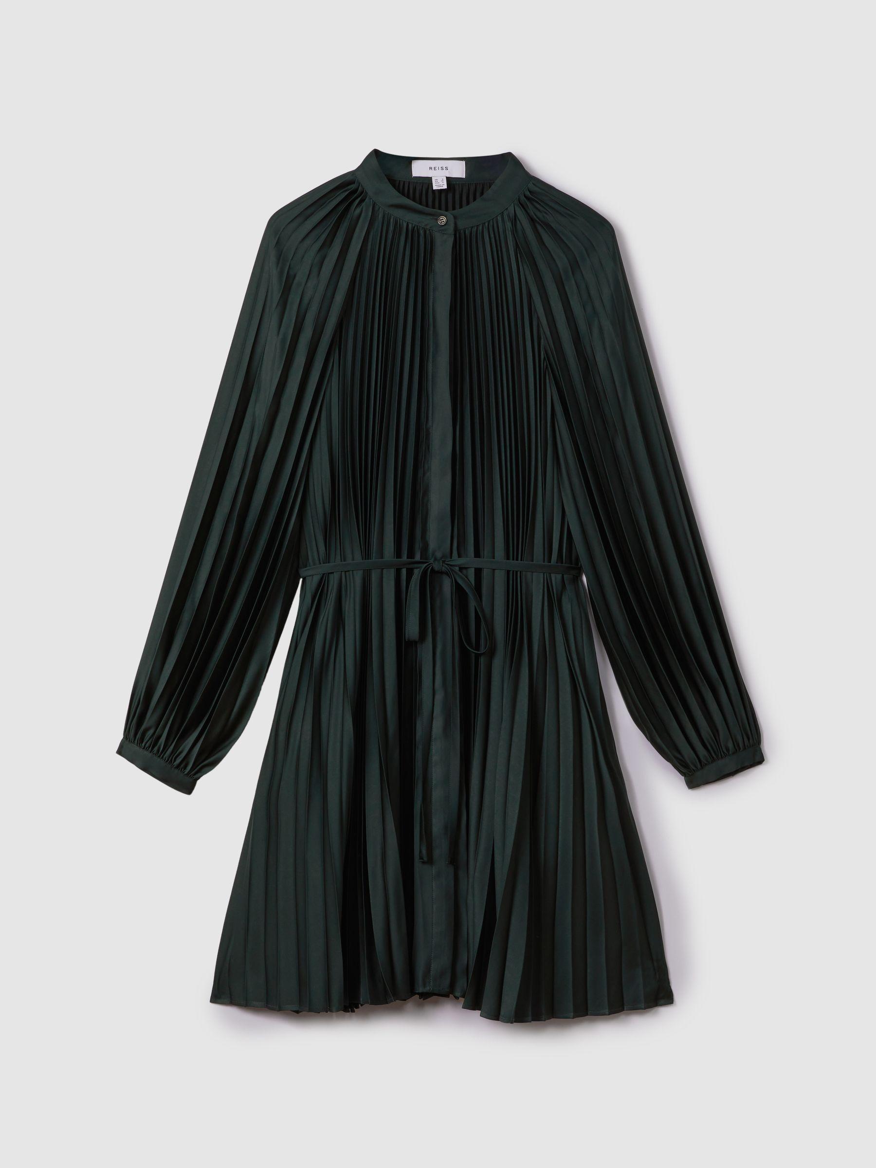 Pleated Belted Mini Dress in Green Product Image