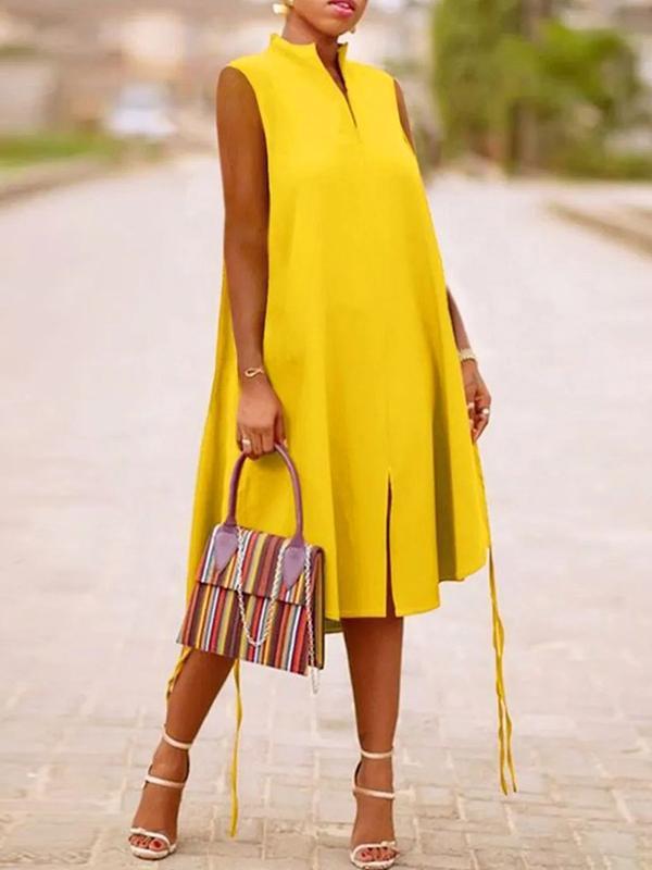 A-Line Sleeveless Solid Color Split-Joint Split-Side Streamer V-Neck Midi Dresses Product Image