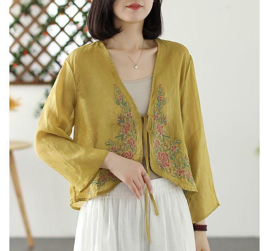 V-Neck Flower Embroidered Blouse Product Image