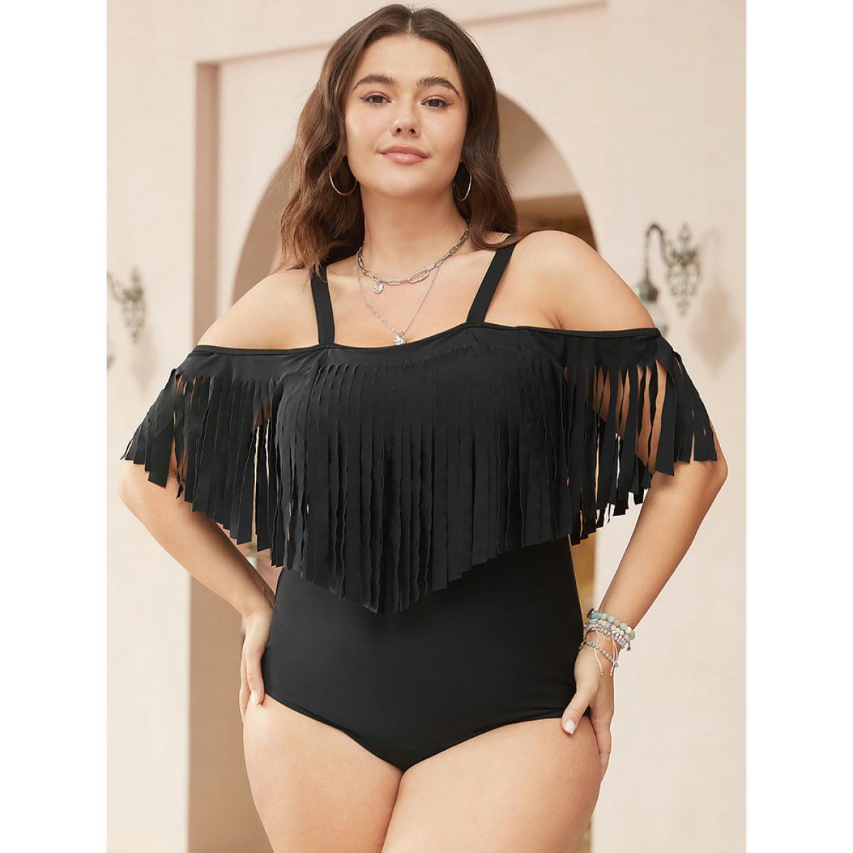 Plus Size Cold Shoulder Fringe Trim One Piece Swimsuit Women's Swimwear Black Vacation Adjustable Straps Curve Bathing Suits High stretch One Pieces BloomChic 28/5X Product Image