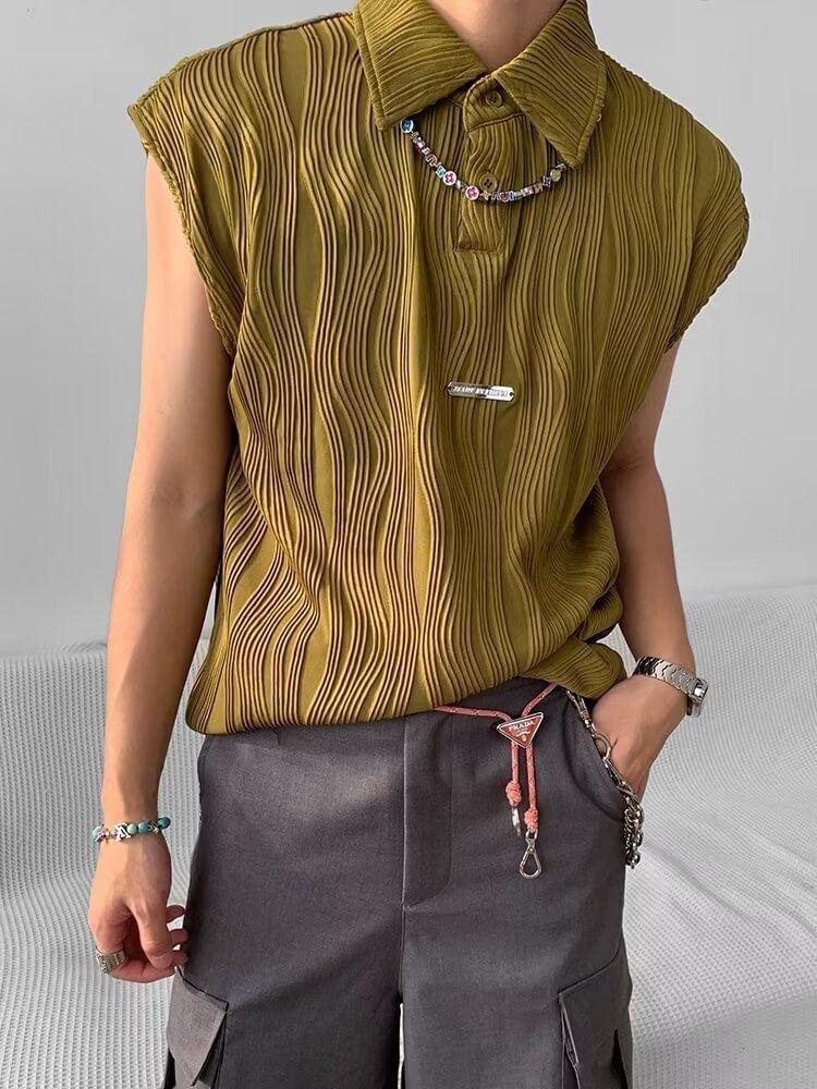 Cap-Sleeve Plain Collared Shirred Button-Up Shirt Product Image