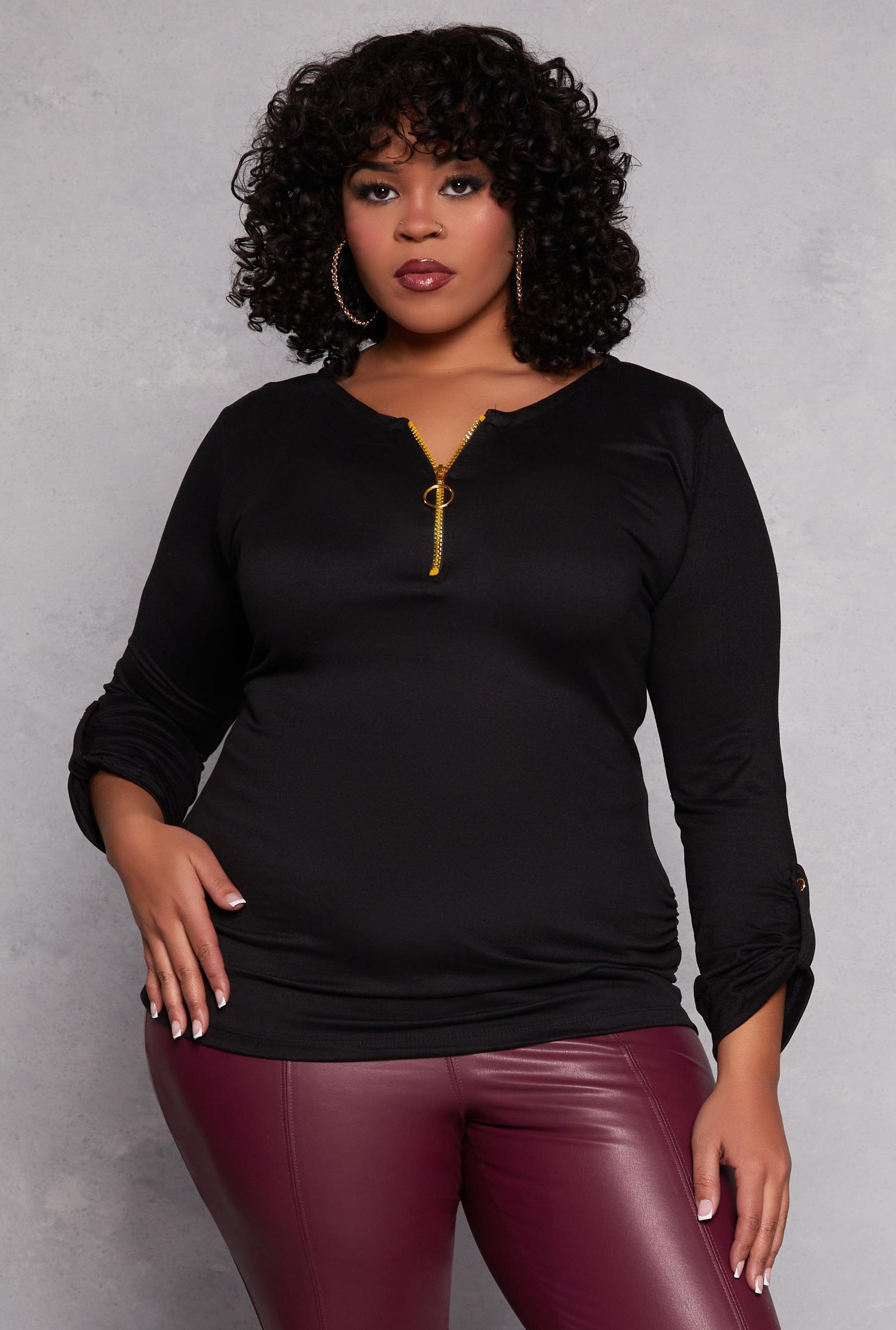 Womens Plus Size Half Zip Ruched Long Sleeve Top Product Image