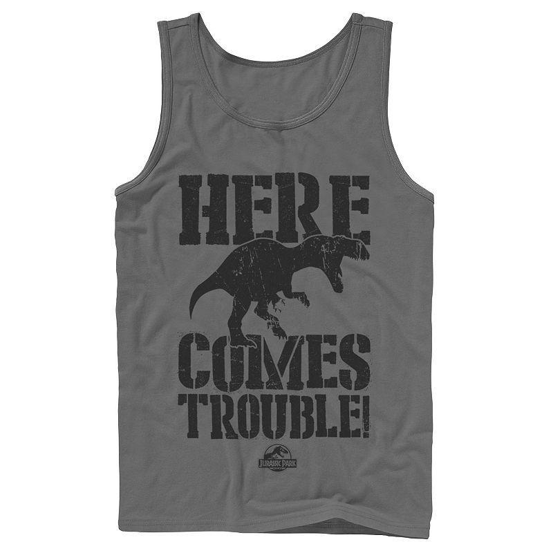 Men's Jurassic Park Here Comes Trouble Tank Top, Size: Small, Grey Product Image