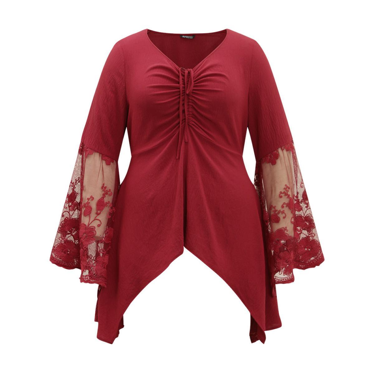 Plus Size Scarlet Halloween Solid Mesh Bell Sleeve Ruched Bowknot Blouse Women Elegant Long Sleeve V-neck Festival-Halloween Blouses BloomChic 28/5X Product Image