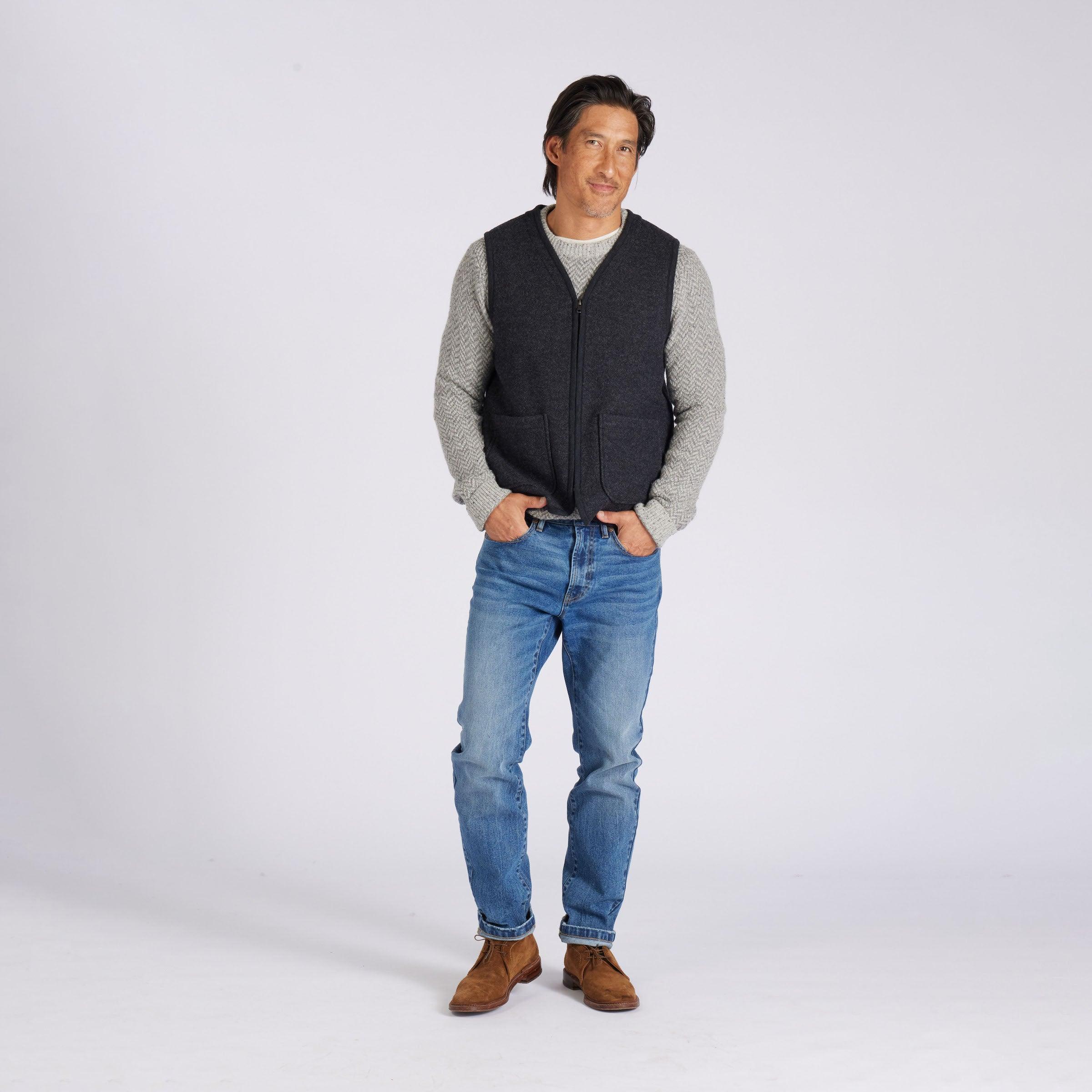 Burnham Boiled Wool Zip Up Vest  - Charcoal Product Image