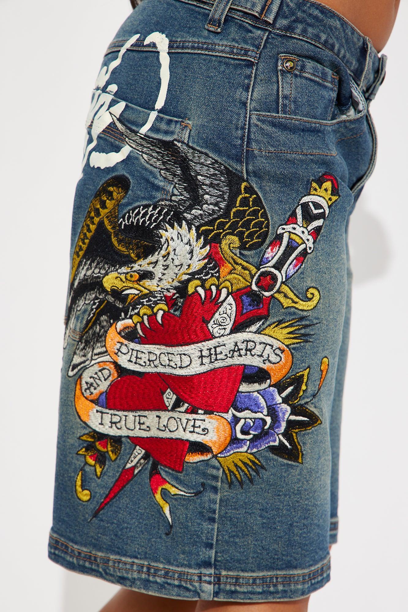 Ed Hardy Wings Of Love Baggy Denim Jorts - Medium Wash Product Image