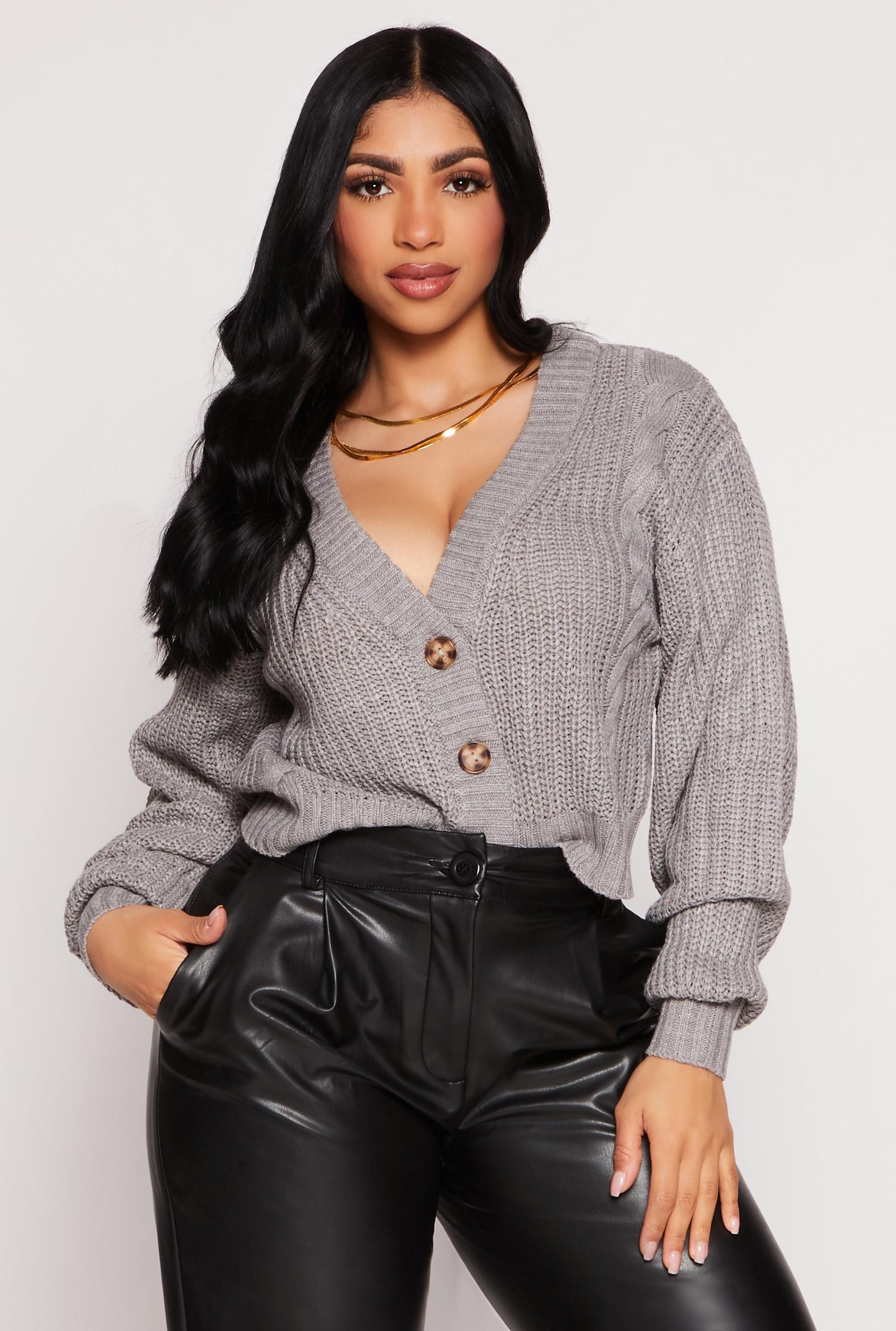 Womens Cable Knit V Neck Cropped Cardigan Product Image