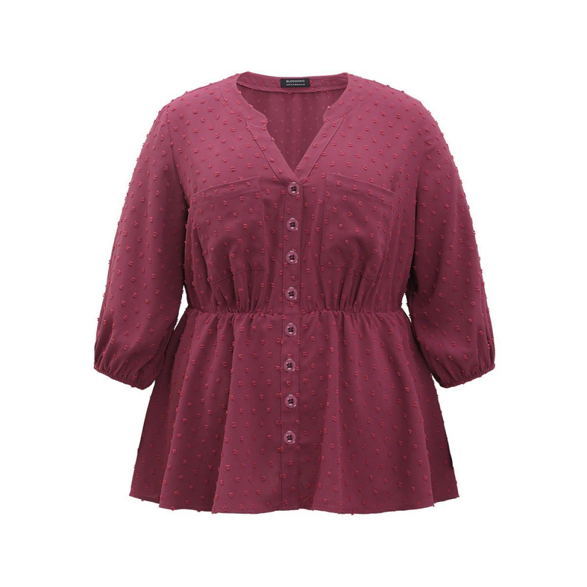 Plus Size Purple Plain Notched Button Through Lantern Sleeve Blouse Women Office Elbow-length sleeve Notched collar Work Blouses BloomChic 30/6X Product Image