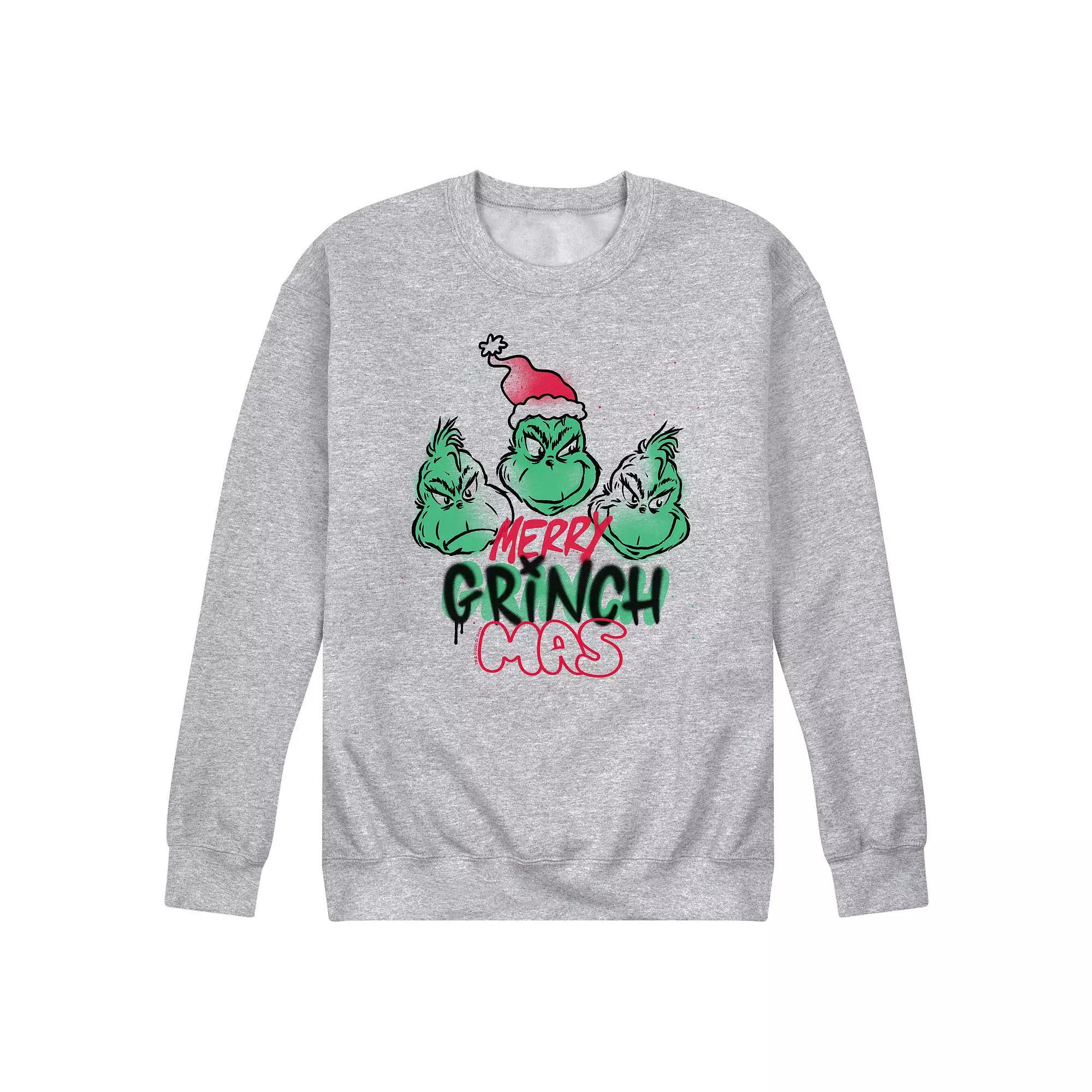 Mens Dr. Seuss The Grinch Merry Grinchmas Fleece Sweatshirt Grey Gray Product Image