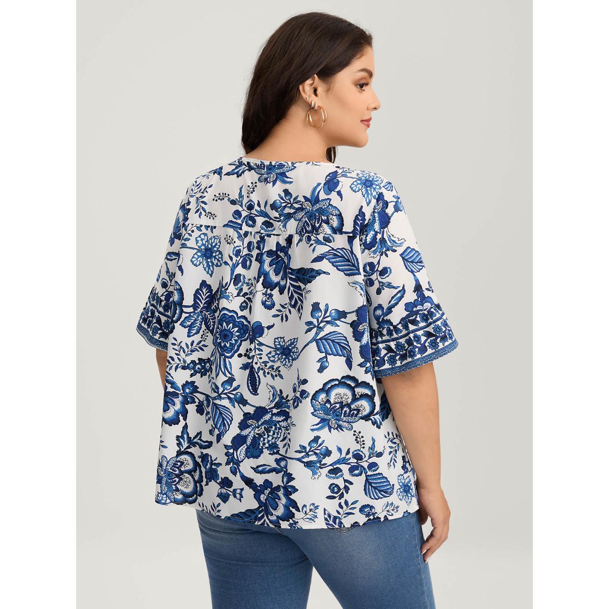 Plus Size Mediumblue Floral Print Neck Tassels Blouse Women Half Sleeve V-neck Everyday-Elegant Blouses BloomChic 10/M Product Image