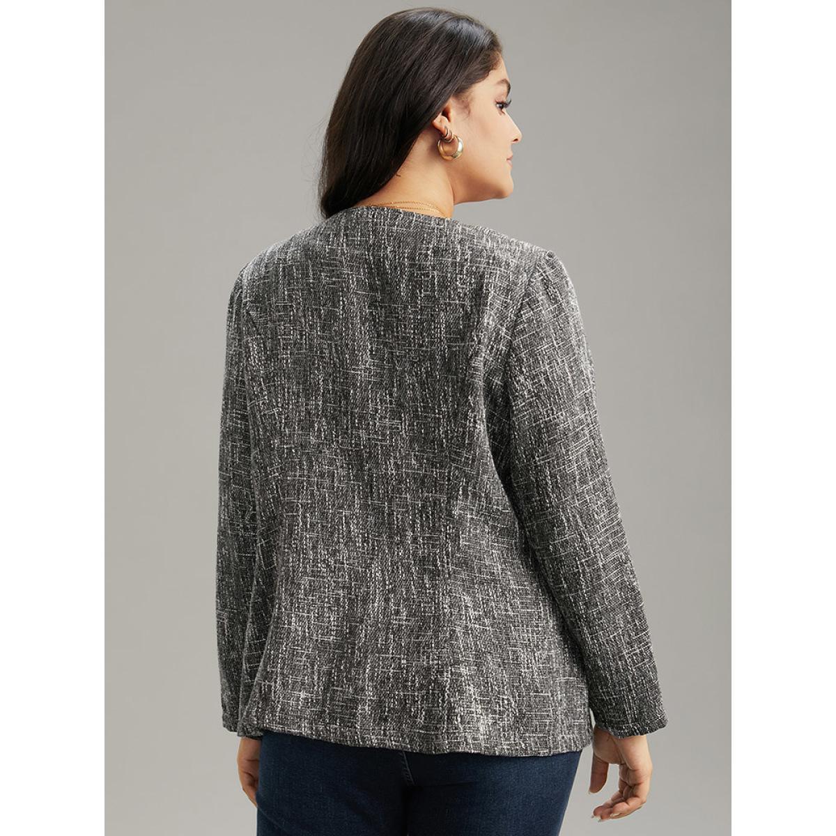 Plus Size Tweed Open Front Patchwork Zipper Blazer Black Women Dailywear Plain Texture Sleeve Long Sleeve Open Front 22-24/3X Pocket Elegant Blazers BloomChic Product Image